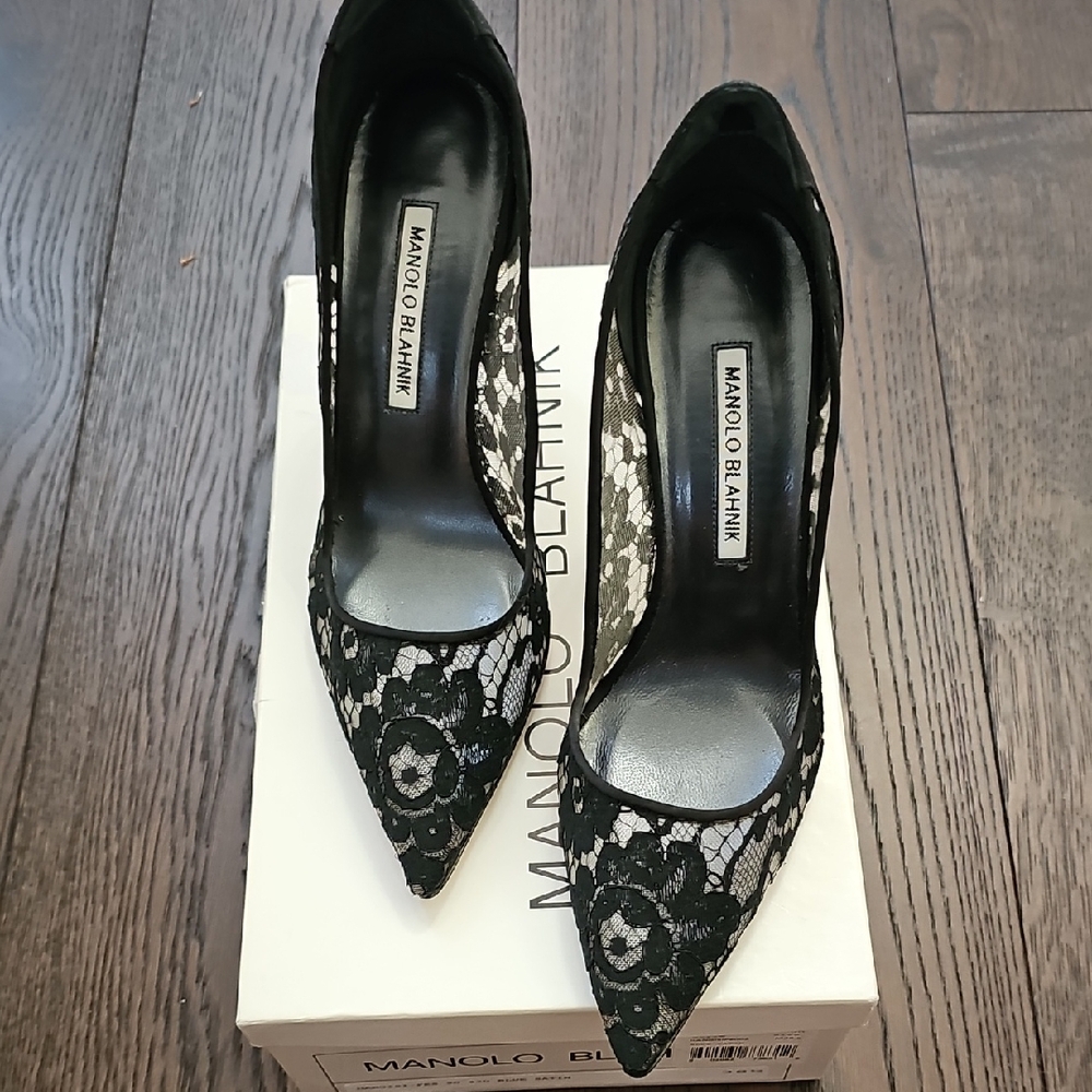 Manolo Blahnik Black and White Lace Heels
